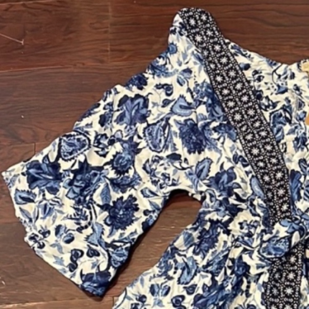 NALINI Top Kimono Rayon Blue White Floral Print Tie Front Size Medium One Size - Picture 4 of 6